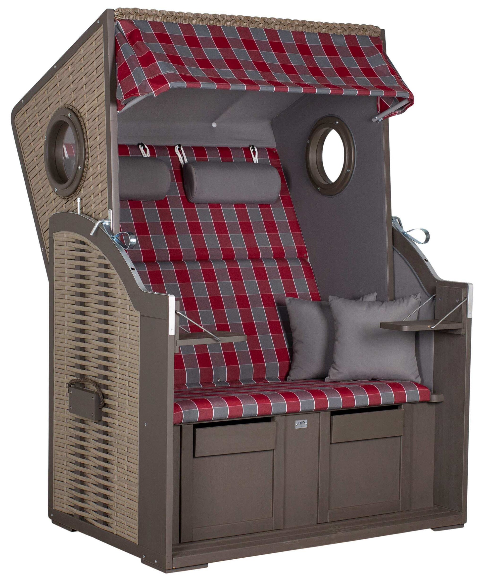 Strandkorb Trendy Twin View mit Bullaugen, PE nature grey, Dessin 472 rot grau kariert, komfortabler Zweisitzer für Garten und Terrasse