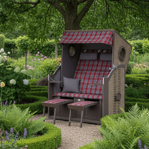 Strandkorb Trendy Twin View mit Bullaugen PE nature grey Dessin 472 rot grau kariert im Garten mit Fußstützen und Kissen