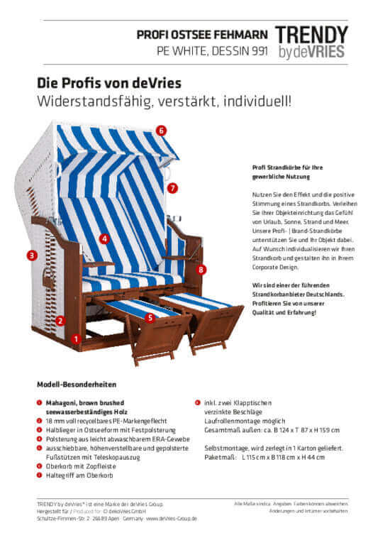 Strandkorb Trendy Profi Ostsee Fehmarn, Mahagoni, PE weiss, Des. 991 - Strandkorb Fachhandel Prieß