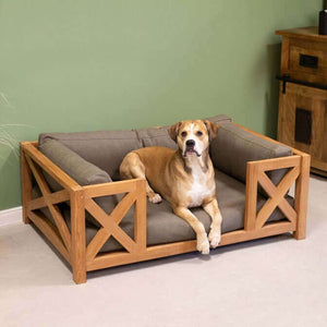 Woodie Hundebett Bruno, 2 Größen wählbar, Teakholz - Kissenfarbe taupe-braun-anthrazit - Strandkorb Prieß