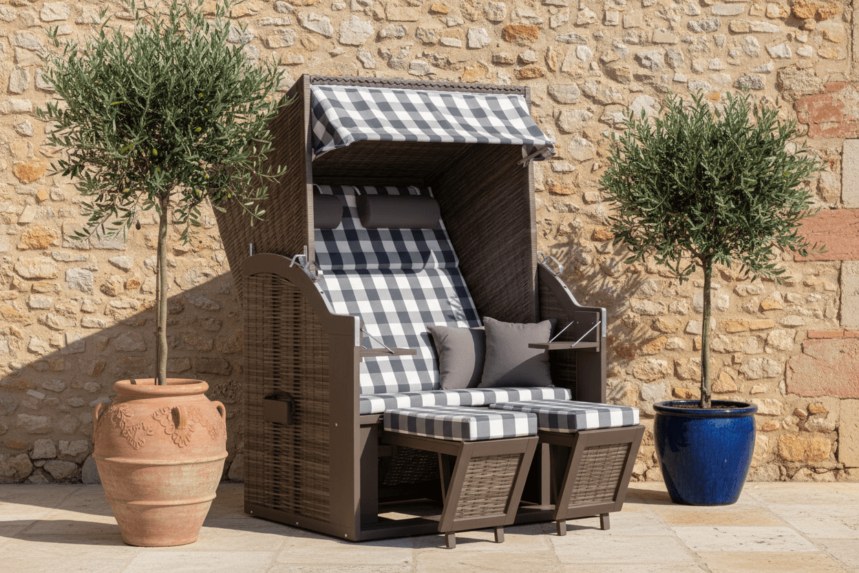 Strandkorb Trendy PURE Standard PE grey Dessin 478 mit Karo-Polster vor Steinmauer zwischen zwei Olivenbäumen auf Terrasse