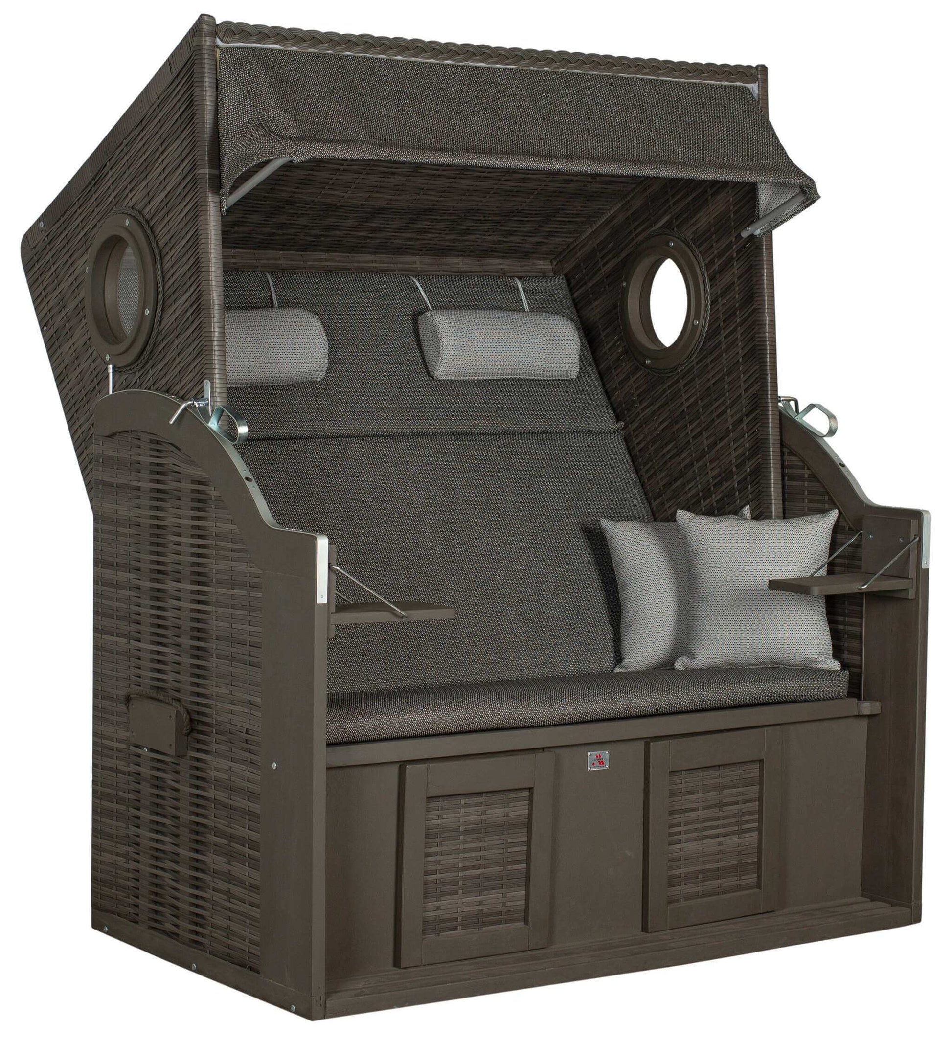 Strandkorb Trendy PURE Wave XL Bullaugen PE grey Dessin 514 anthrazit grau mit PE-Geflecht und Kissen