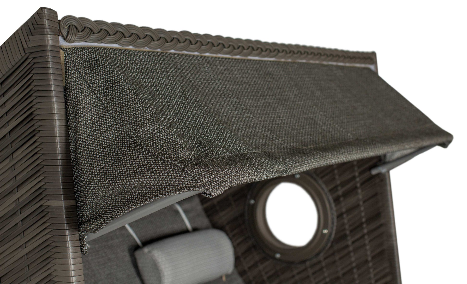 Strandkorb Trendy PURE Wave XL Bullaugen PE grey Dessin 514 anthrazit grau, Detail von Markise und Bullaugen-Seitenwand