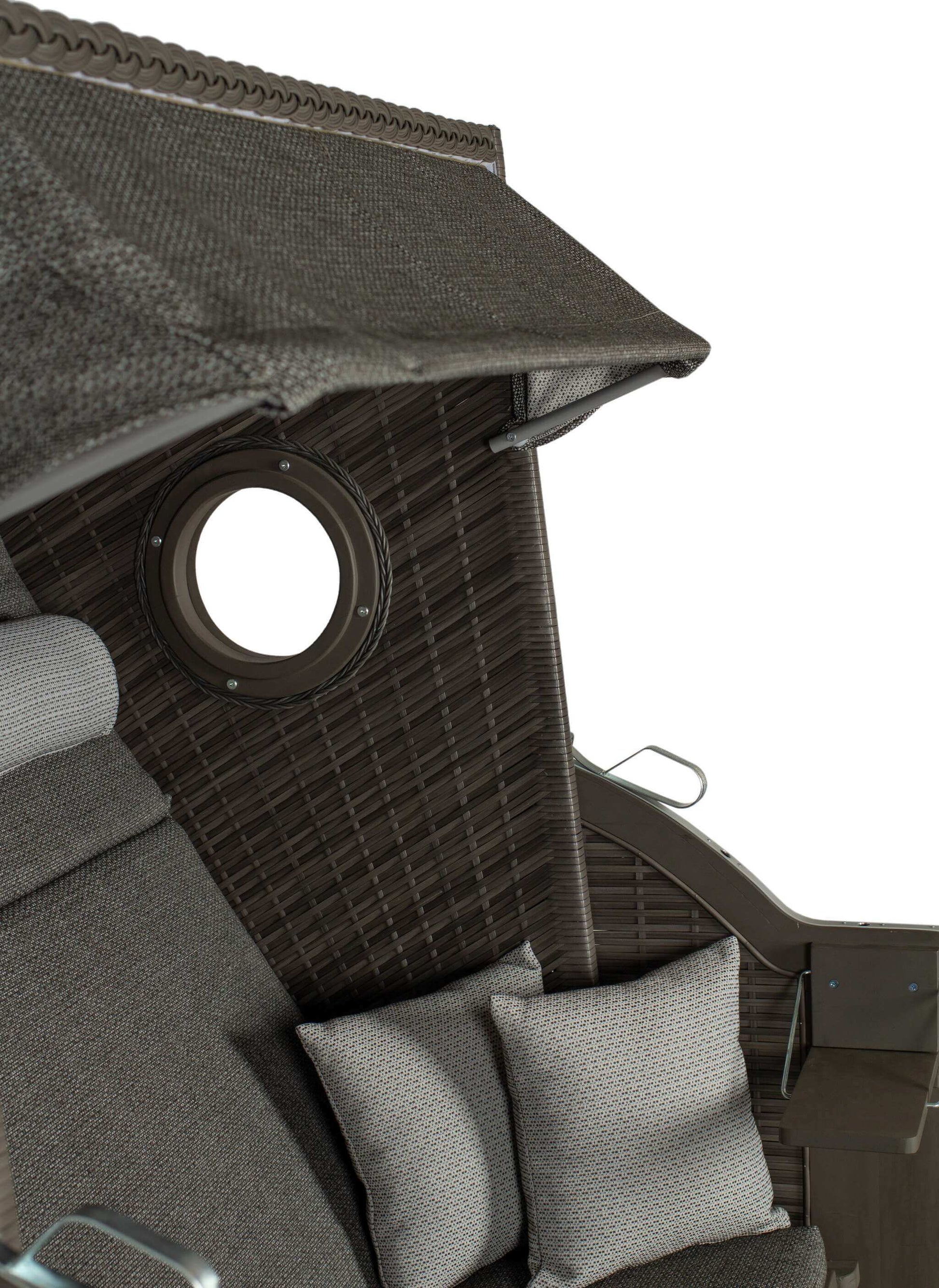 Strandkorb Trendy PURE Wave XL Bullaugen PE grey Dessin 514 anthrazit grau, Detailansicht mit Bullauge und grauen Polstern