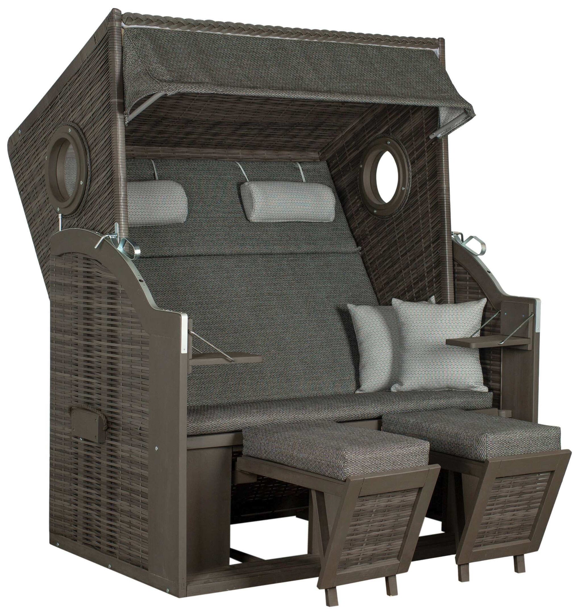 Strandkorb Trendy PURE Wave XL Bullaugen PE grey Dessin 514 anthrazit grau mit Fußstützen und Kissen für zwei Personen