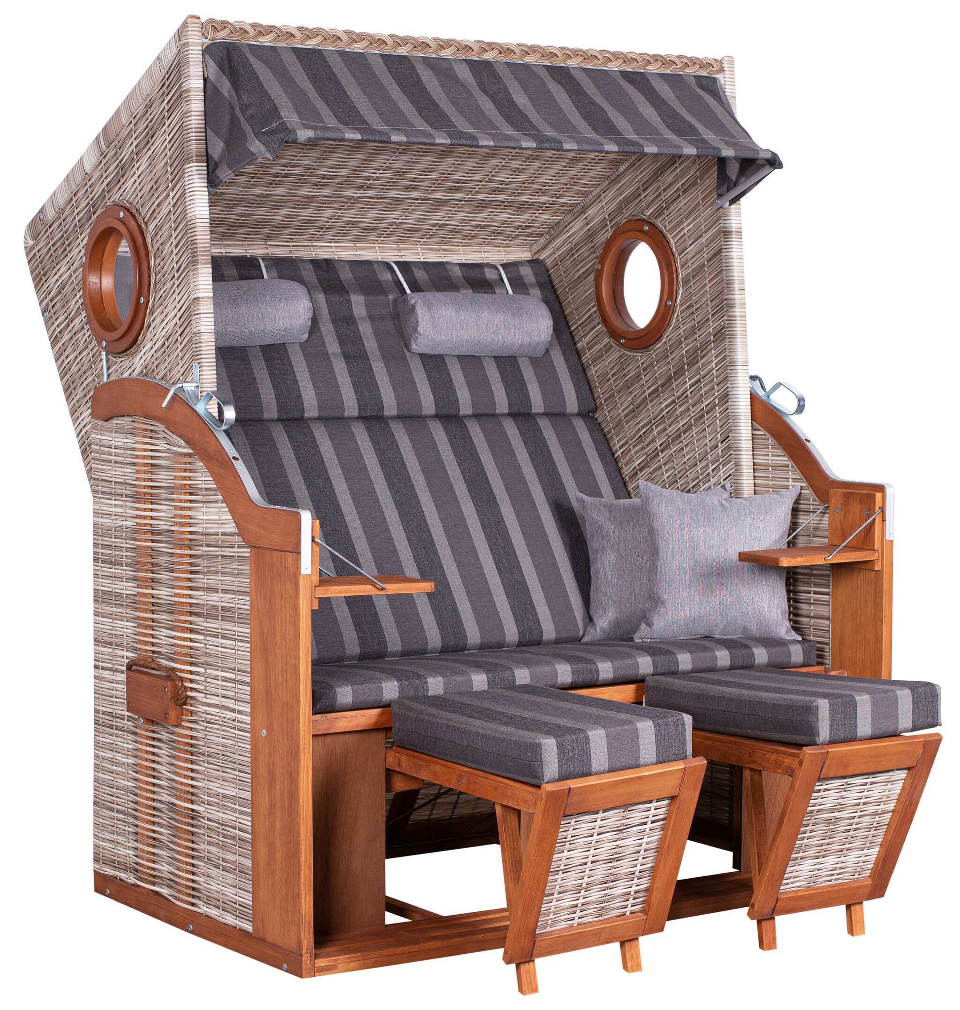 Strandkorb Trendy PURE Wave XL Bullaugen PE seashell Dessin 402 grau mit Fußstützen und Polstern, hochwertiger Luxus-Strandkorb