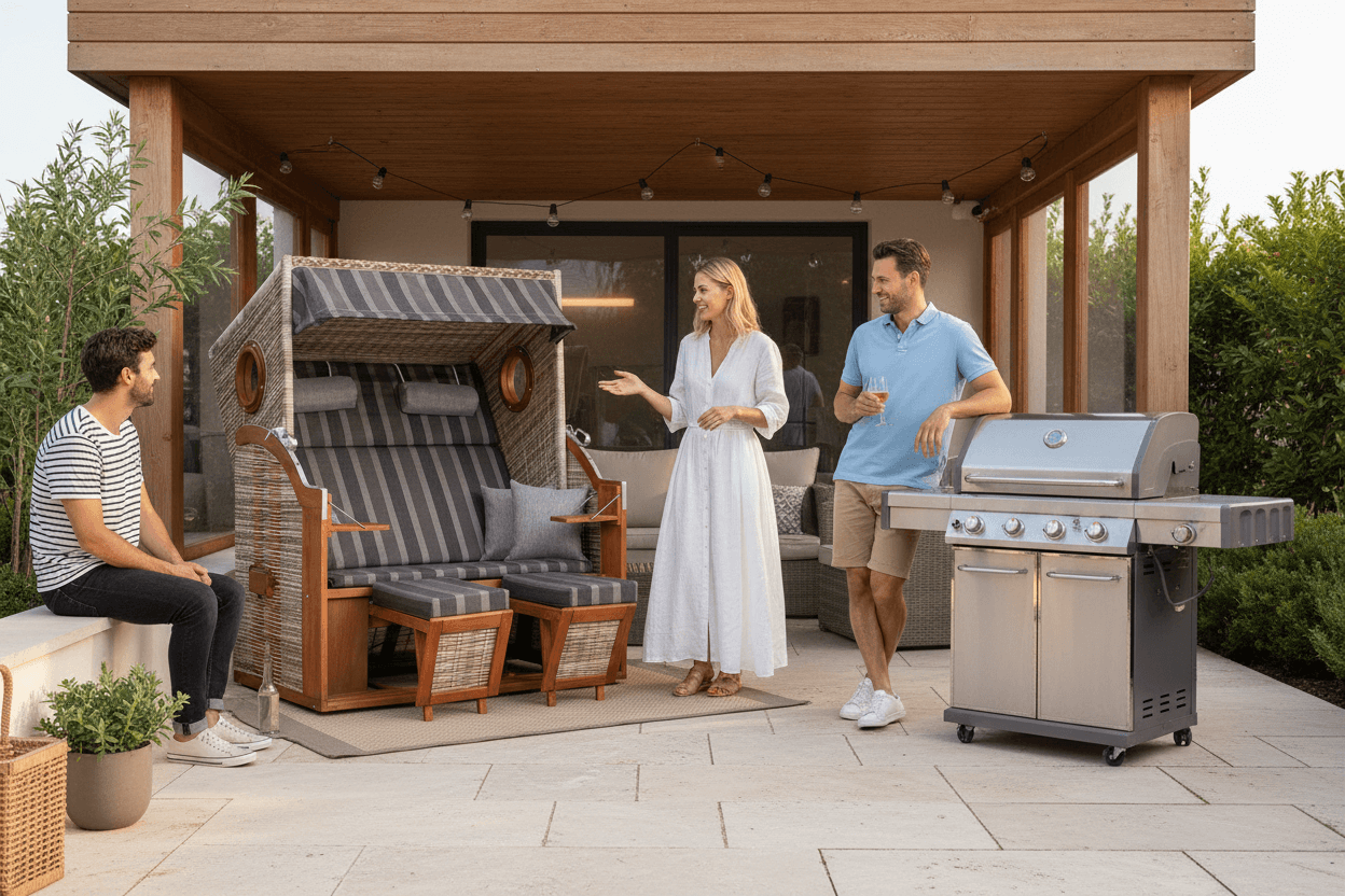 Strandkorb Trendy PURE Wave XL Bullaugen PE seashell Dessin 402 grau auf moderner Terrasse mit Grill und Freunden