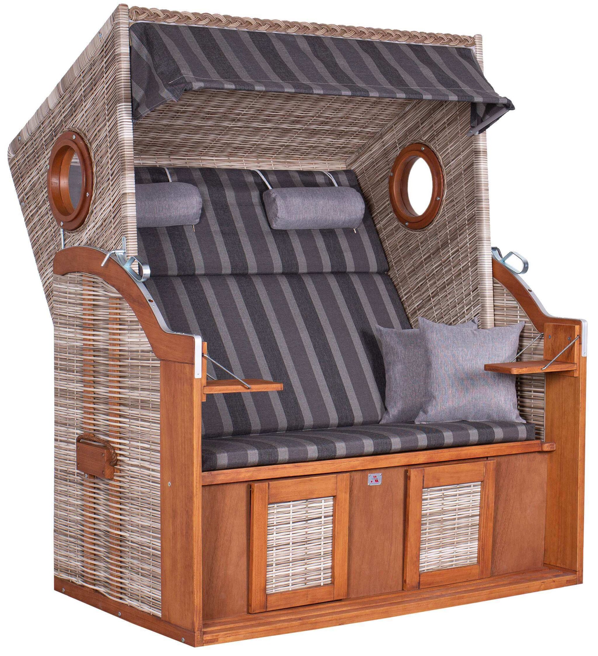 Strandkorb Trendy PURE Wave XL Bullaugen PE seashell Dessin 402 grau mit Holzgestell und Streifenpolsterung