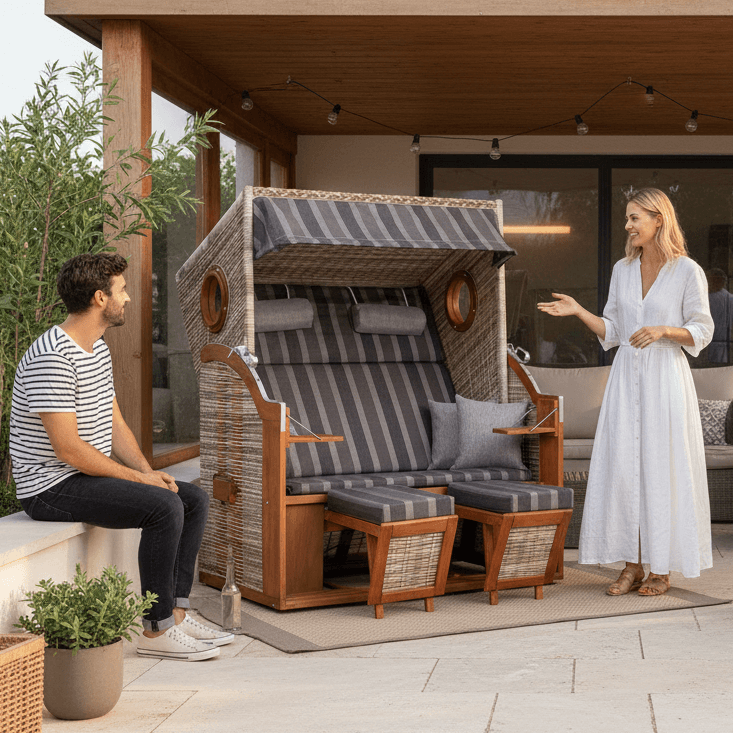 Strandkorb Trendy PURE Wave XL Bullaugen PE seashell Dessin 402 grau auf Terrasse mit zwei Personen