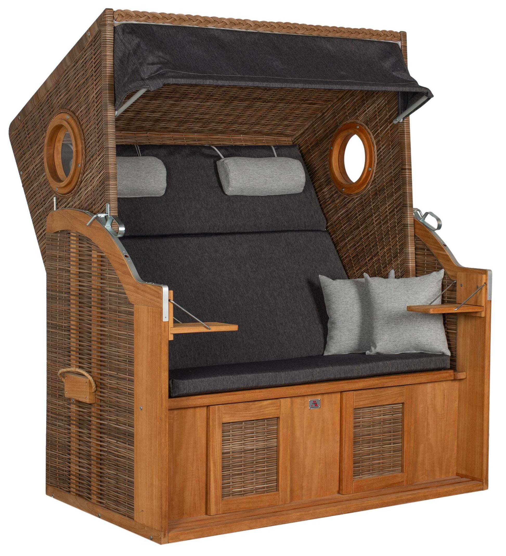 Strandkorb Trendy PURE Wave Teak XL Bullaugen PE grau schwarz Dessin 513, exklusiver Strandkorb mit Teakholz und Polstern