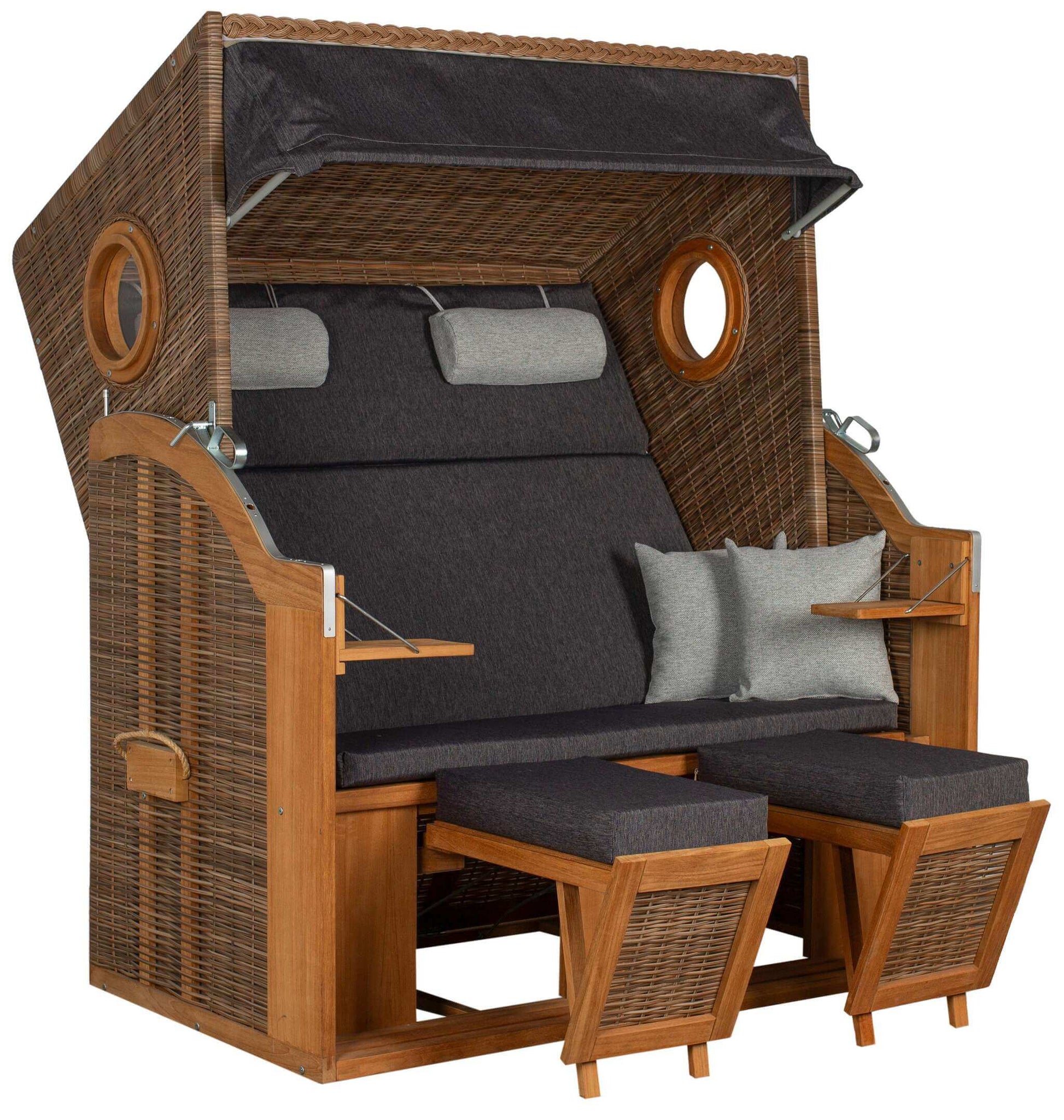 Strandkorb Trendy PURE Wave Teak XL Bullaugen PE grisuem Dessin 513 schwarz grau mit Fußstützen und Kissen seitliche Ansicht