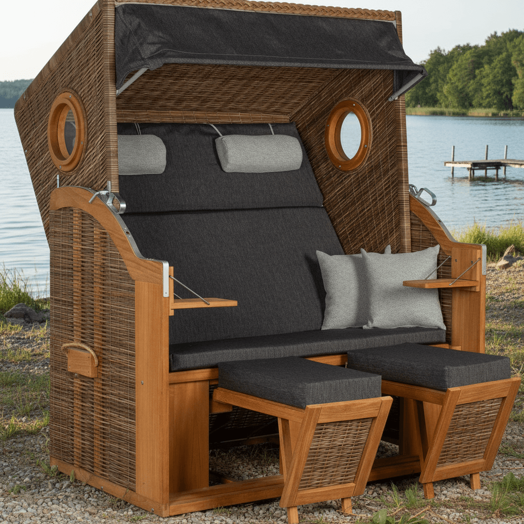 Strandkorb Trendy PURE Wave Teak XL Bullaugen PE grisuem Dessin 513 schwarz grau am Seeufer mit Liegefunktion und Fusshockern