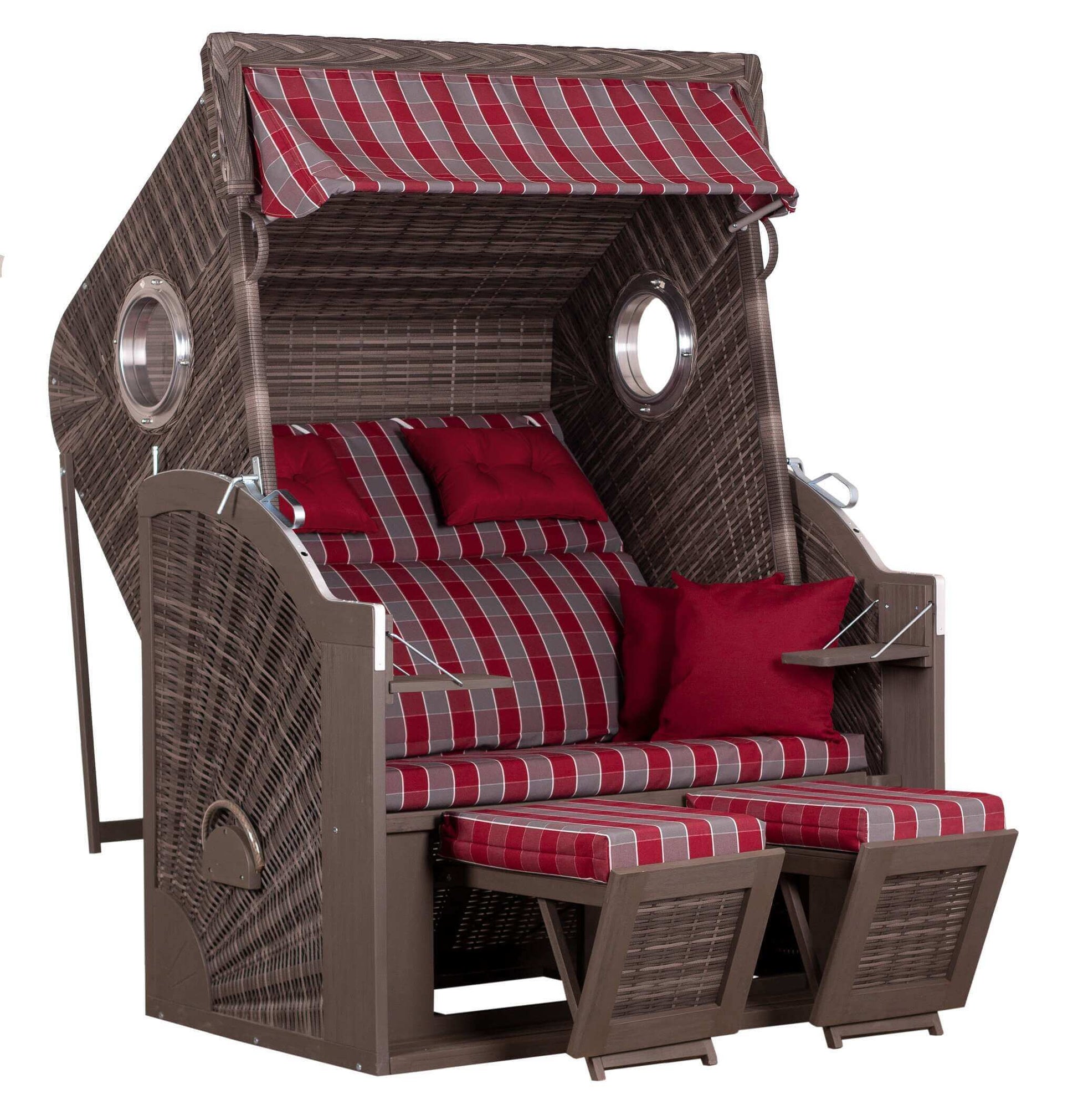 Strandkorb Trendy PURE Cliff XL SUN mit Bullaugen, PE stone grey Dessin 472 in Rot-Grau mit Fußstützen und Markise