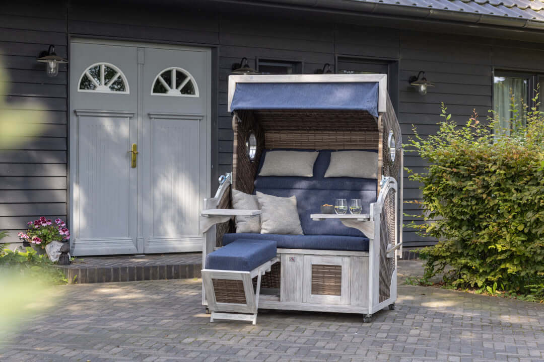 Strandkorb Trendy PURE Seaside XL Bullaugen PE white kubu Dessin 504 - Strandkorb Fachhandel Prieß