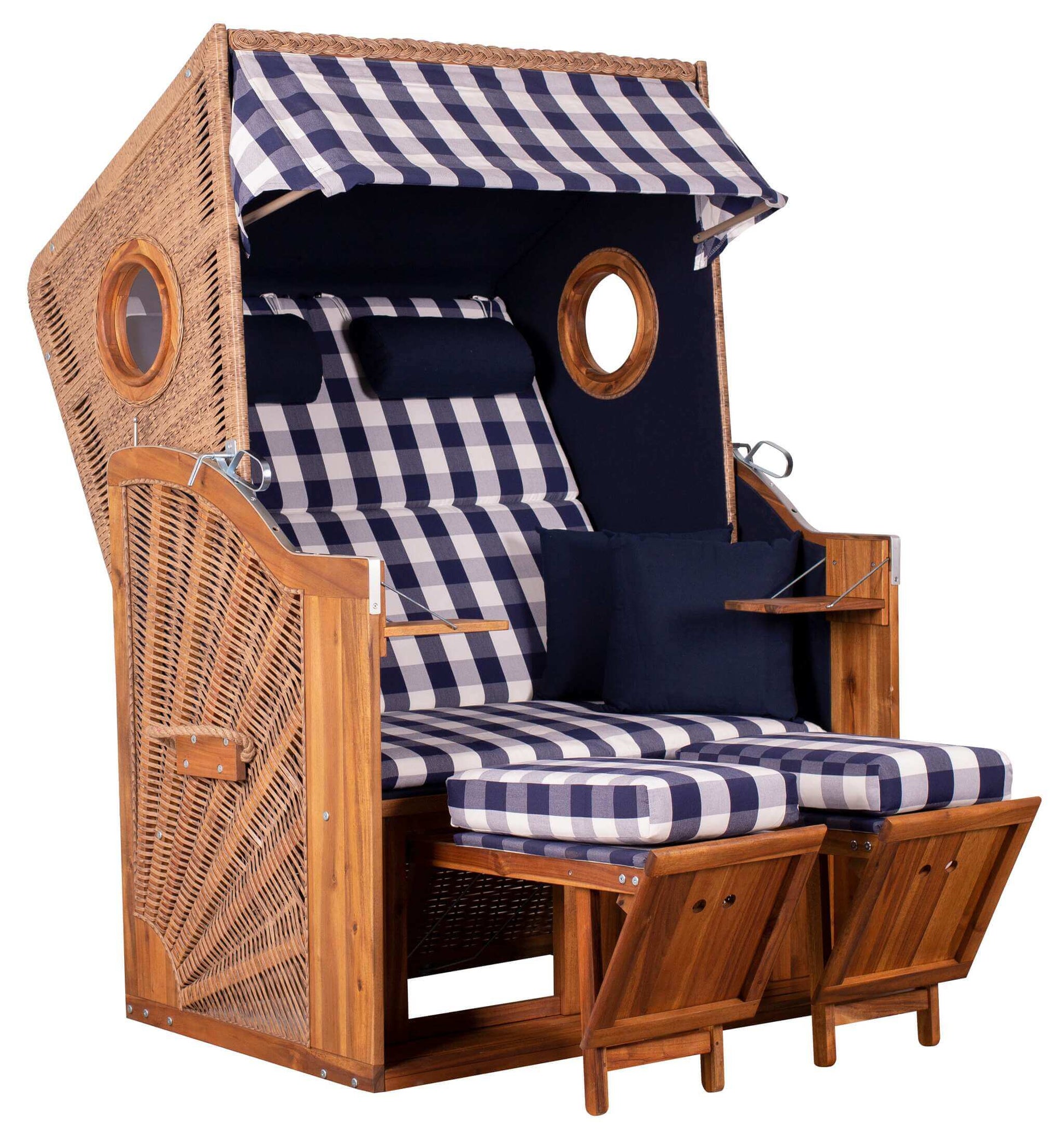 Strandkorb Trendy Trend 45 mit Bullaugen, PE walnut Geflecht, blau weiss kariert Dessin 743, verstellbare Fußstützen