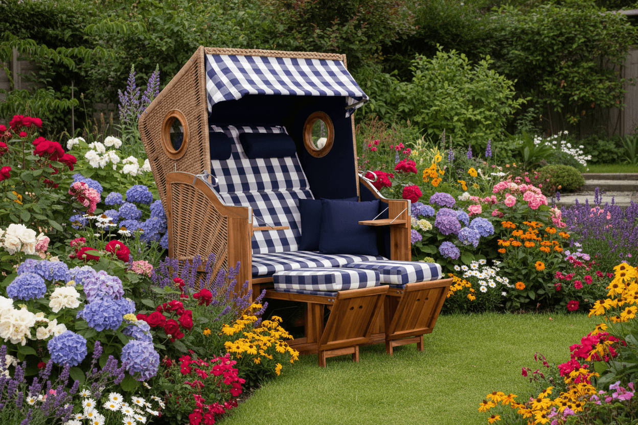 Strandkorb Trendy Trend 45 mit Bullaugen, PE walnut, Dessin 743 blau weiss kariert im blühenden Garten auf Rasenfläche