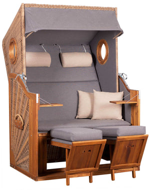 Strandkorb Trendy Trend 45 mit Bullaugen aus PE-Geflecht walnut, Dessin 751 creme, verstellbare Fußstützen und Polster für zwei Personen