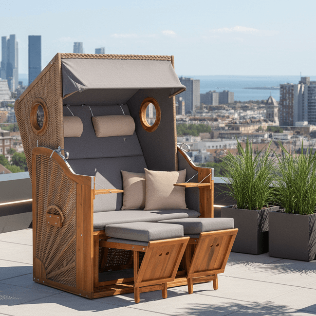 Strandkorb Trendy Trend 45 mit Bullaugen aus PE walnut in Dessin 751 creme auf moderner Dachterrasse mit Stadt- und Meerblick