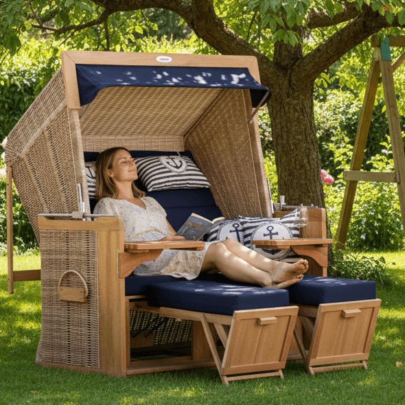 Strandkorb deVries PURE Friesland Sylt Teak PE white kubu Dessin 198 in Garten, Frau entspannt im XL Strandkorb mit blauen Polstern