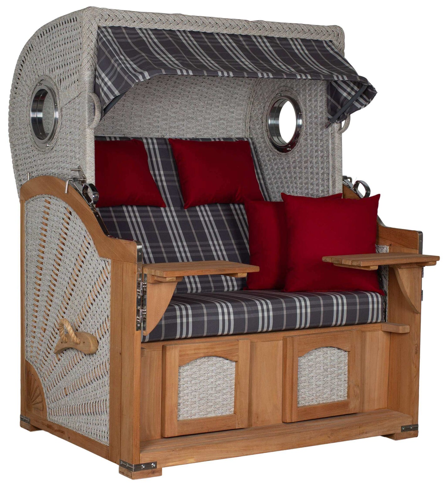 Strandkorb deVries Aruba XL Rope Kordel-Geflecht 15mm ivory mit roten Kissen und Holzdetails.