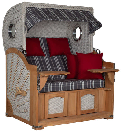 Strandkorb deVries Aruba XL Rope Kordel-Geflecht 15mm ivory mit roten Kissen und Holzdetails.