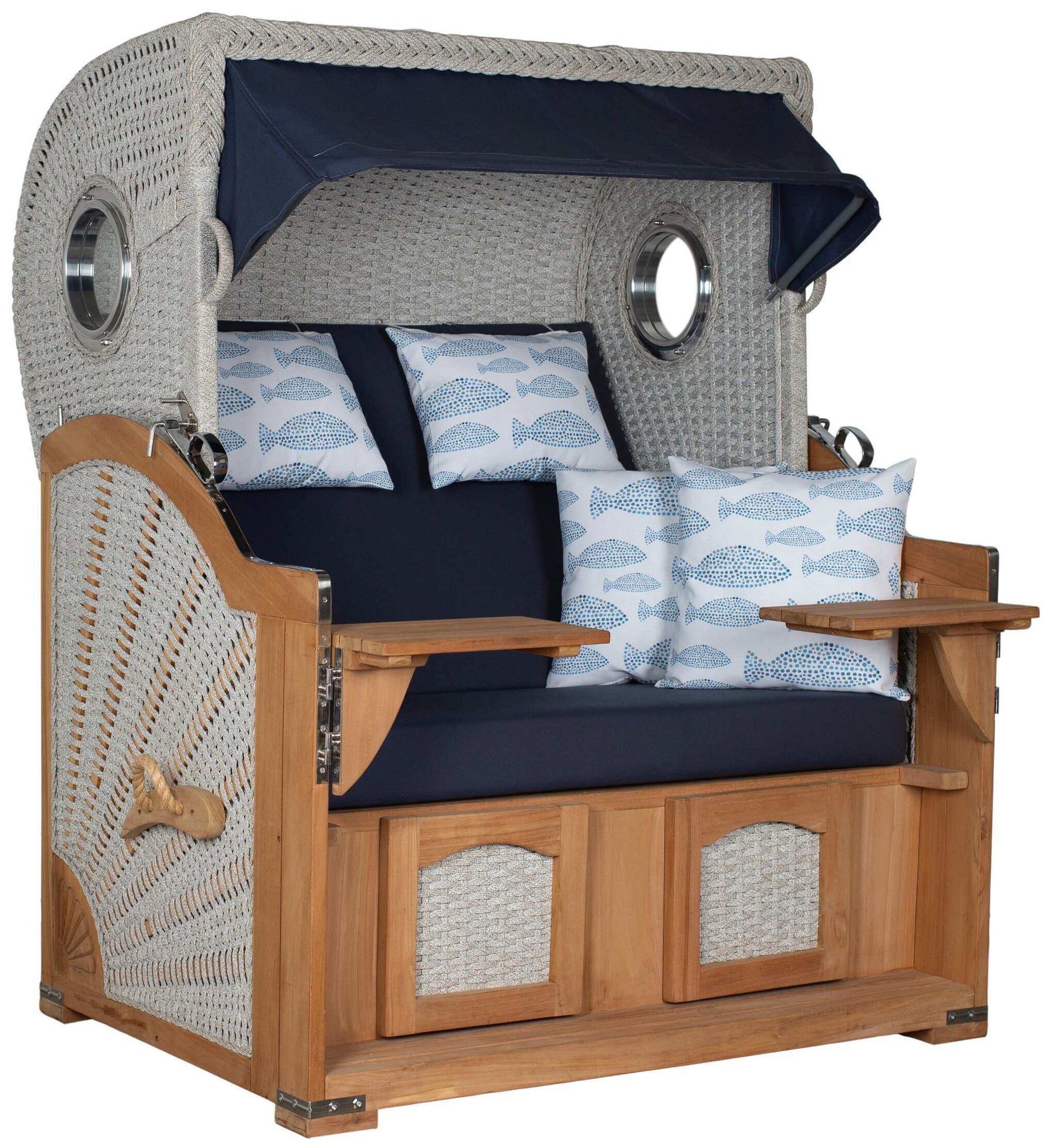 Strandkorb deVries Aruba XL mit Kordel-Geflecht in ivory und blauen Kissen für perfekten Komfort im Freien.