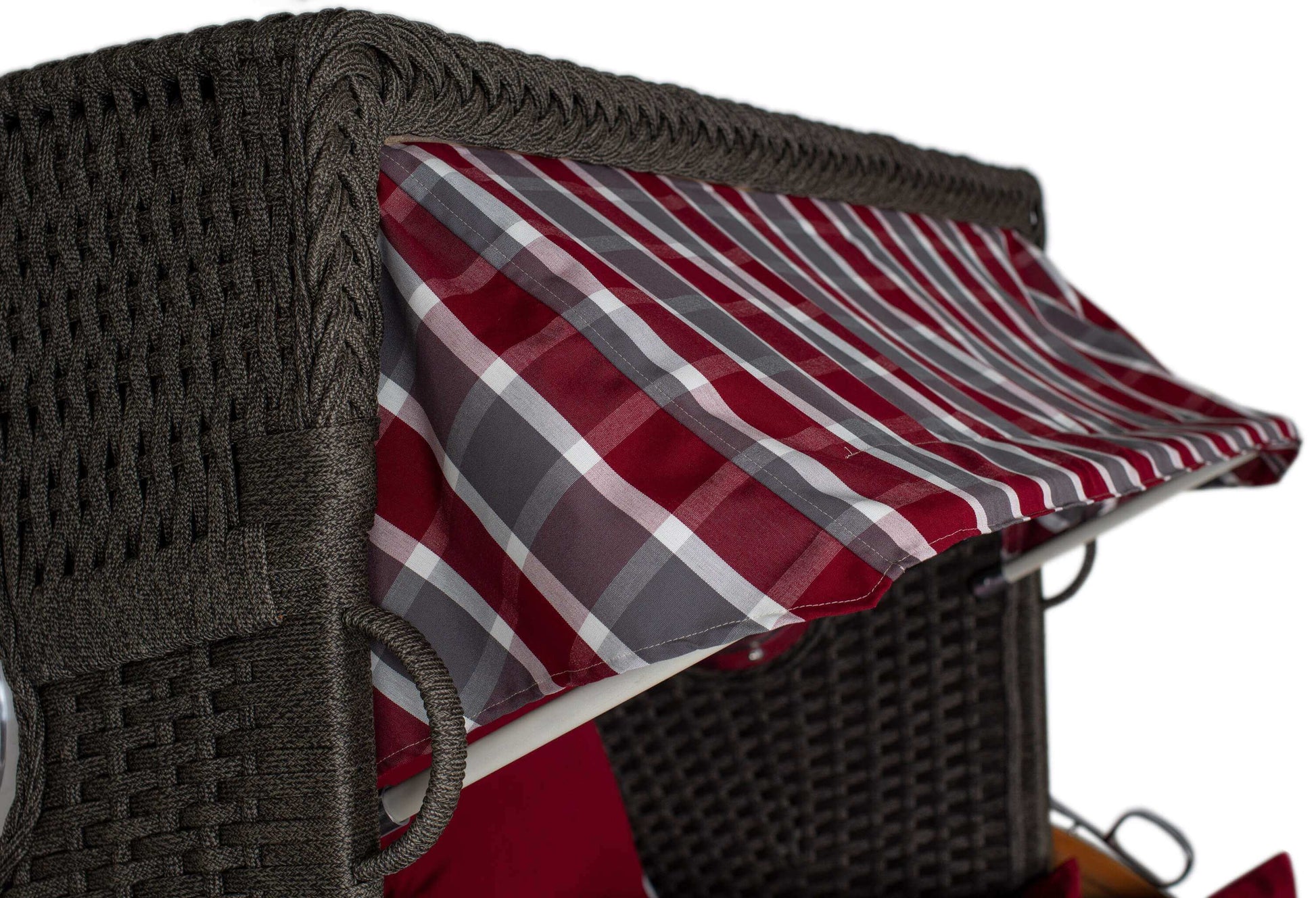 Strandkorb deVries Aruba XL Rope anthrazit mit rot-grau kariertem Sonnendach, Detailansicht des Markisenvorhangs