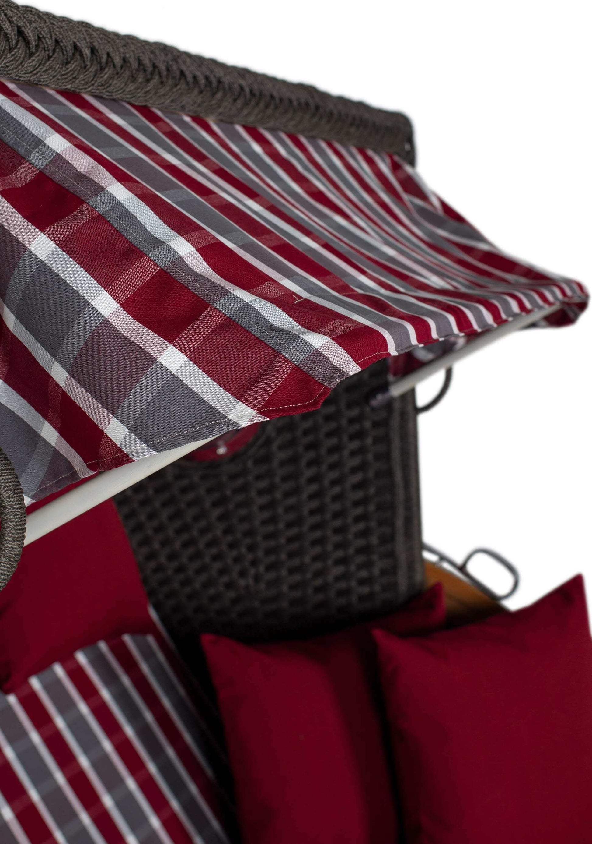 Strandkorb devries Aruba XL Rope anthrazit mit rot grau kariertem Dessin 230 und Markise in Streifenmuster