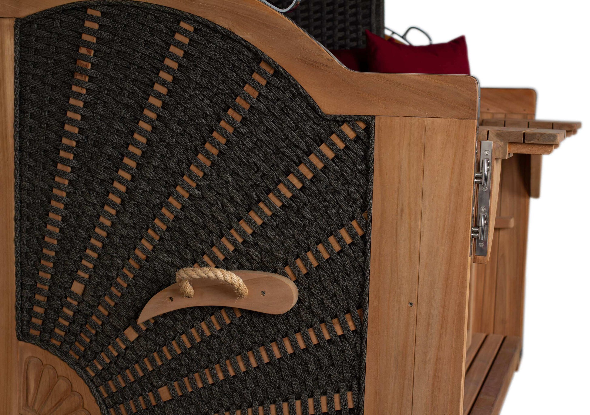 Strandkorb deVries Aruba XL Rope anthrazit Seitenansicht mit Kordel-Geflecht und Holzgriff Detailaufnahme