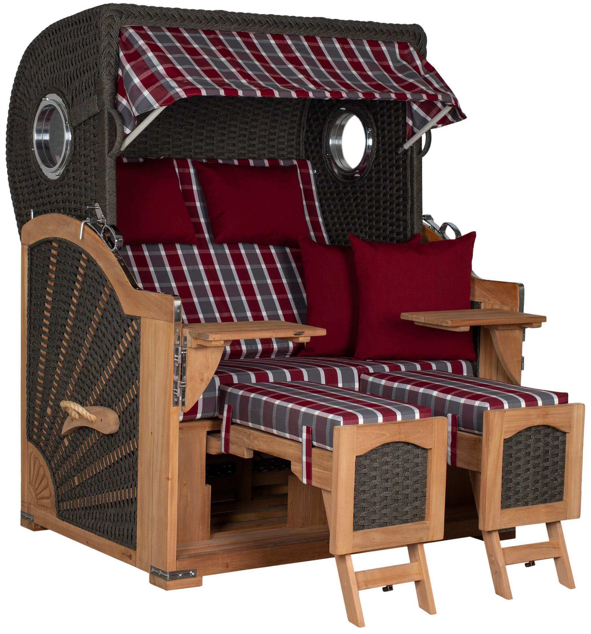 Strandkorb deVries Aruba XL Rope anthrazit mit rot-grau kariertem Dessin 230 und Holzgestell, verstellbare Doppelliege