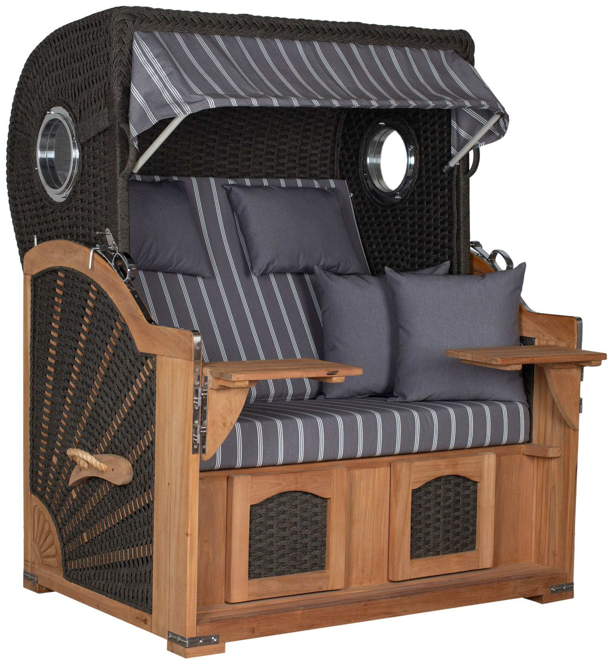 Strandkorb deVries Aruba XL Rope anthrazit mit grau-weißem Dessin 235, Teakholz, Polster und Klapptischen