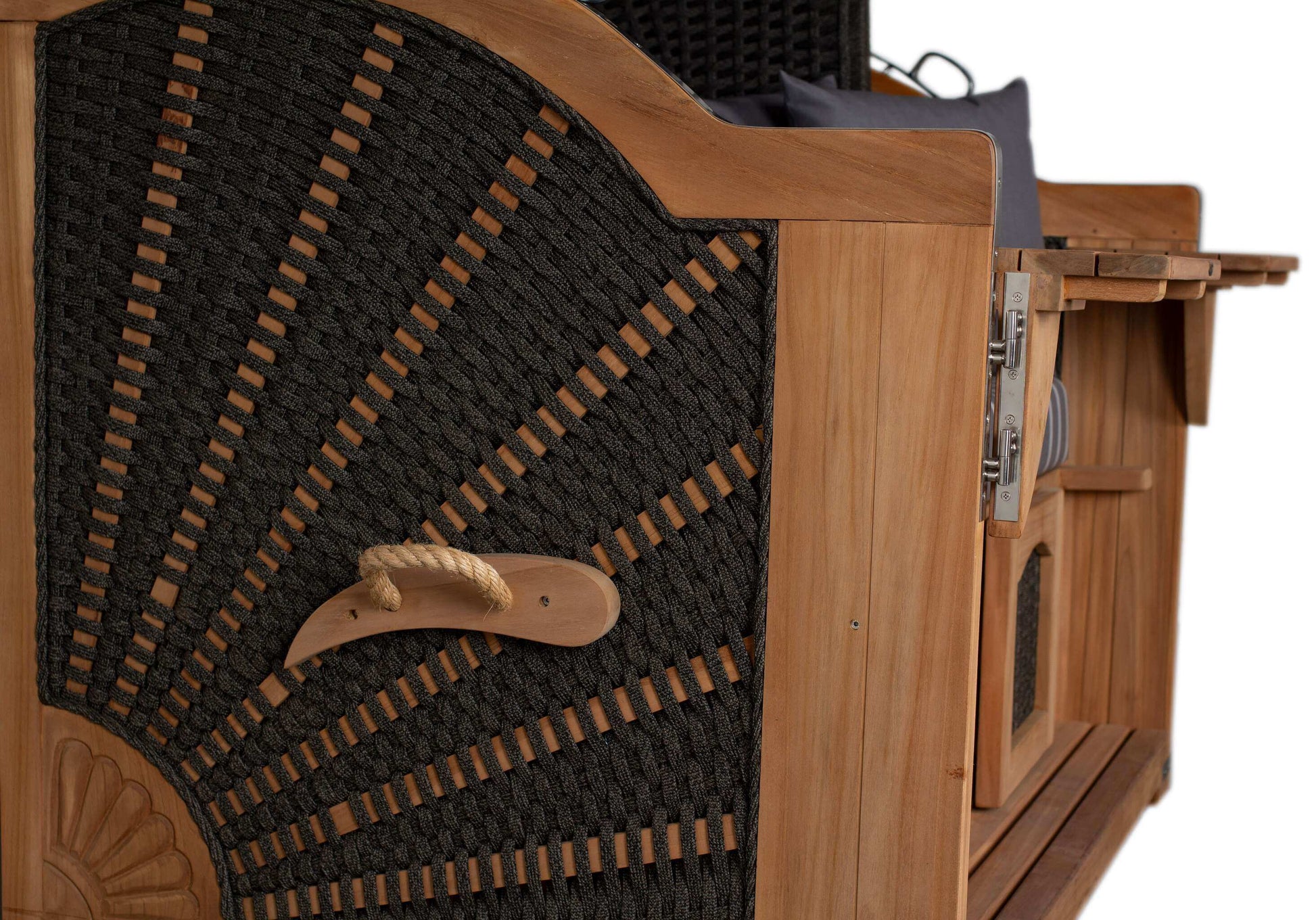Strandkorb deVries Aruba XL Rope anthrazit, Detailansicht seitliches Kordel-Geflecht mit Holzrahmen und Tragegriff