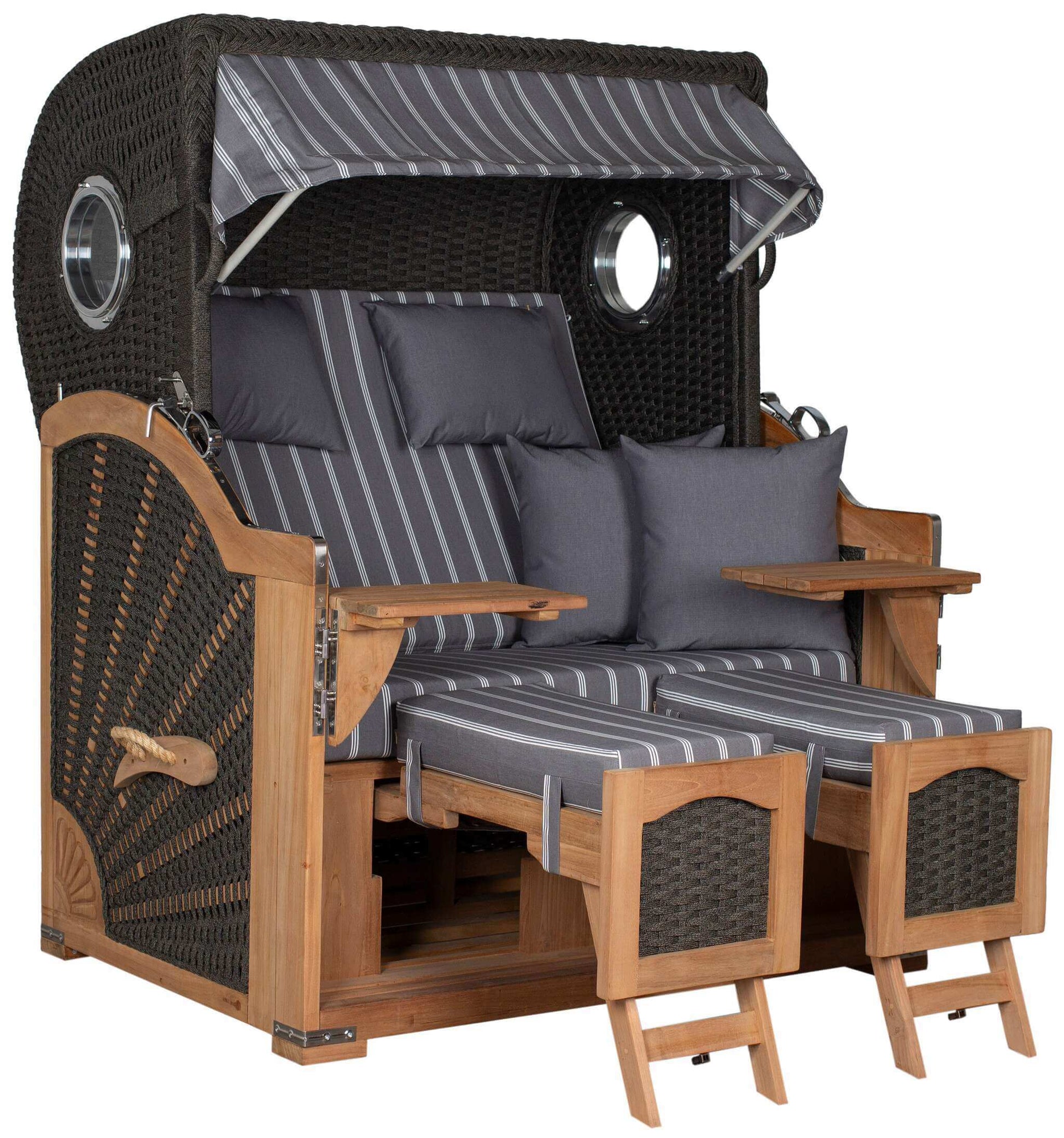 Strandkorb deVries Aruba XL Rope anthrazit Dessin 235 grau weiß mit Fußstützen und Polstern für zwei Personen