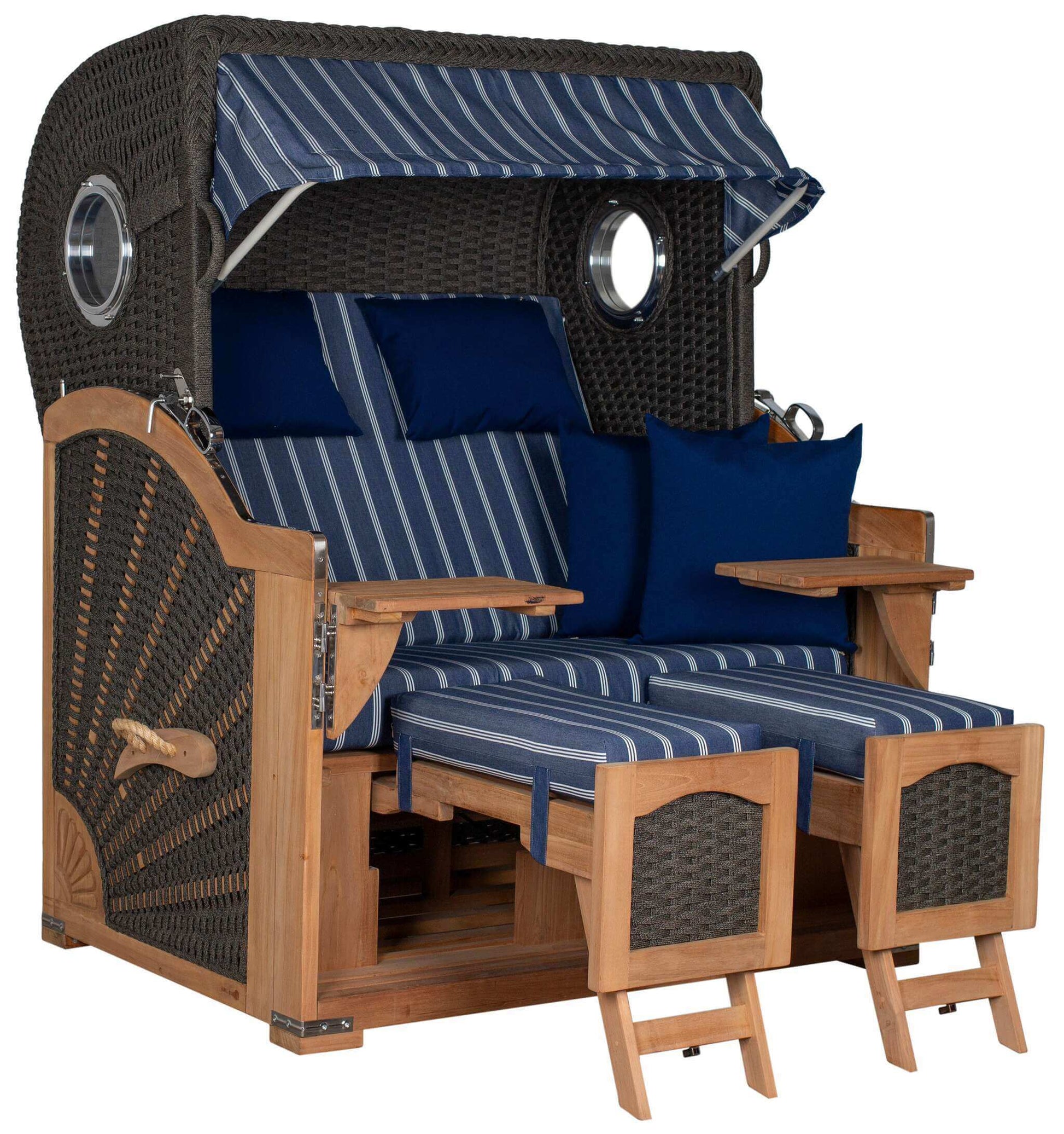 Strandkorb devries Aruba XL Rope anthrazit mit blau-weißem Dessin 236, Doppelsitzer mit Fußstützen und Seitentischen