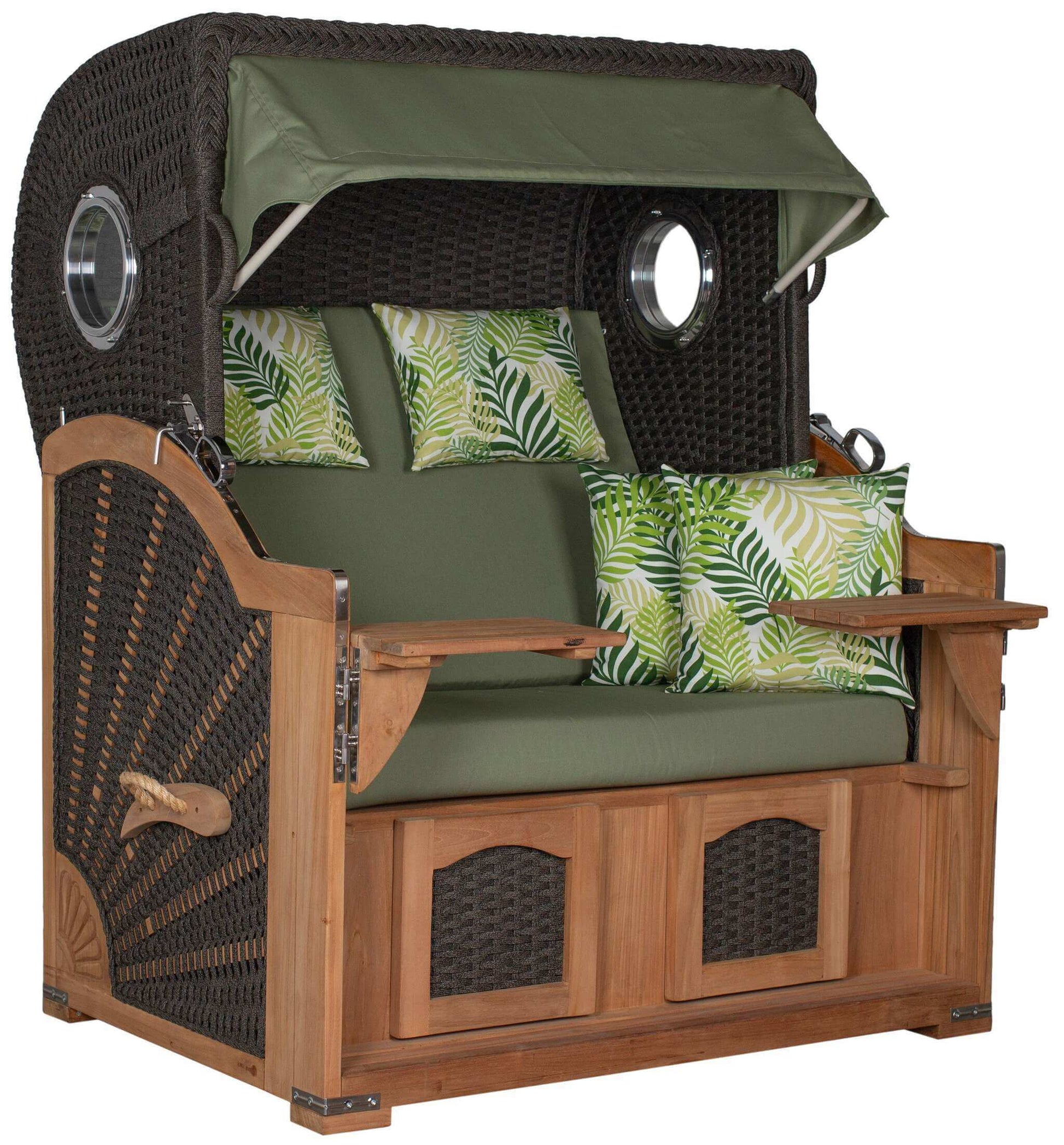 Strandkorb deVries Aruba XL Rope anthrazit mit Palmenblatt-Muster grün, komfortabler Garten Strandkorb mit Fußstützen und Kordel-Geflecht