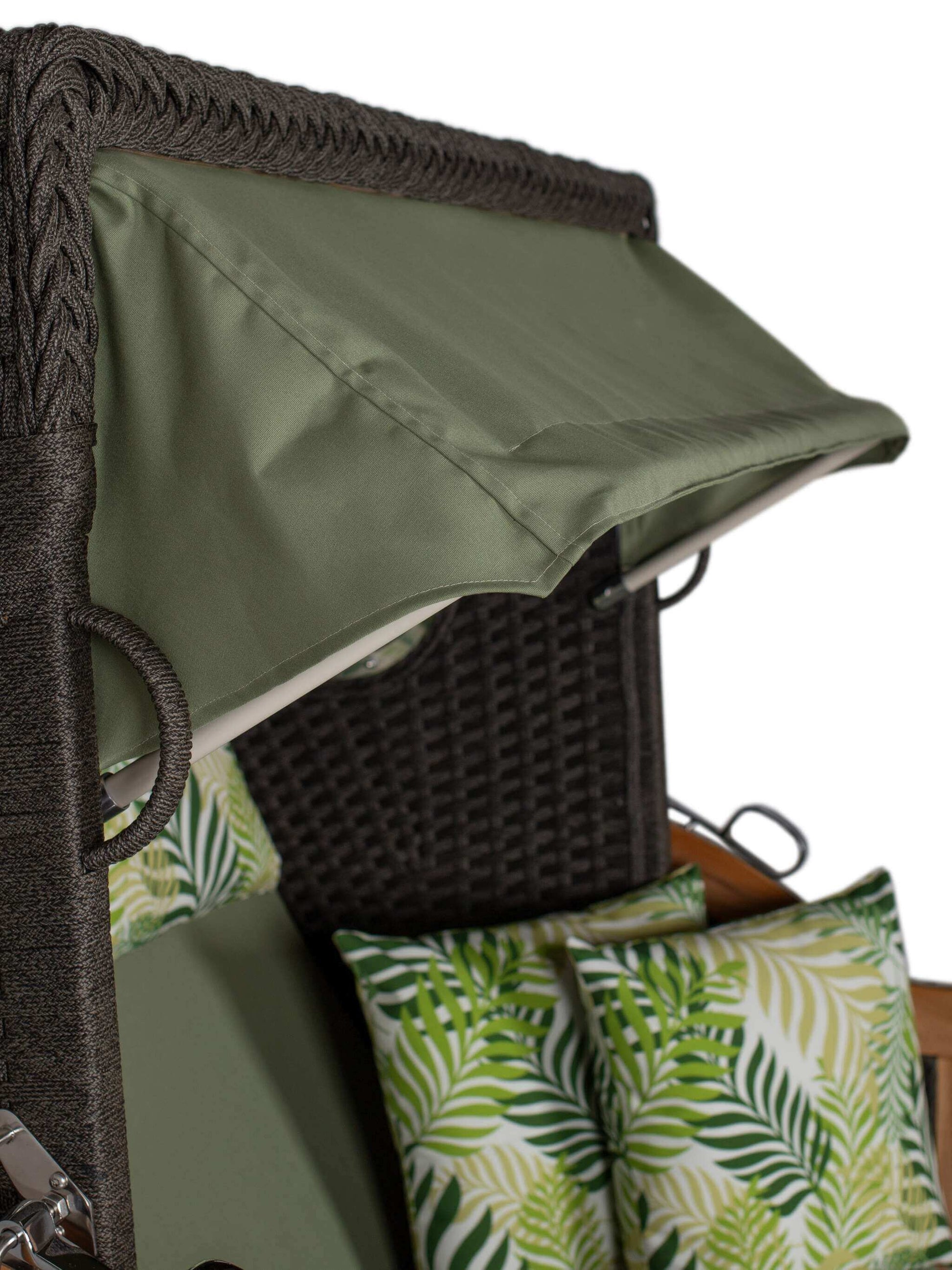 Strandkorb devries Aruba XL Rope anthrazit mit grünem Markisenverdeck und Kissen im Palmenblatt Muster Dessin 242