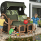 Strandkorb devries Aruba XL Rope anthrazit mit Palmenblatt-Muster grün im Garten, Kinder spielen fröhlich am Teich davor
