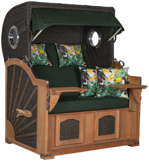 Strandkorb devries Aruba XL Rope anthrazit mit tropischem Tukan-Design grün, luxuriöser Garten-Strandkorb aus Holz und Geflecht