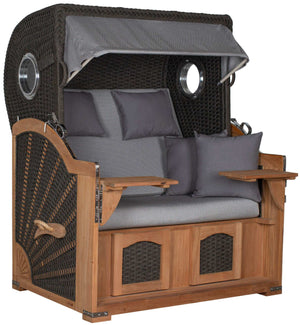 Strandkorb deVries Aruba XL Rope anthrazit mit grauen Kissen und Teakholzgestell, luxuriöser Zweisitzer-Strandkorb für Garten oder Terrasse