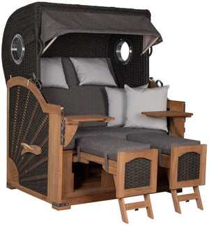 Strandkorb deVries Aruba XL Rope ivory Dessin 252 sand braun tweed mit teakfarbenem Holzgestell und verstellbaren Fußstützen