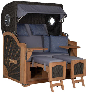 Strandkorb deVries Aruba XL Rope ivory grau blau mit Fußstützen und Kissen, luxuriöser Doppel-Strandkorb für Garten und Terrasse