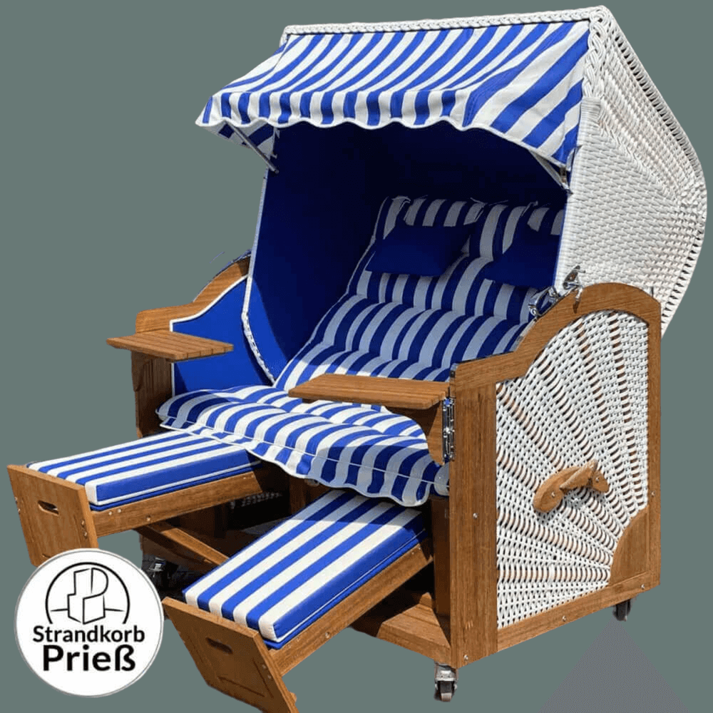 6001 Strandkorb Prieß Modell Meister, Foto zeigt Iroko Holz, PE Geflecht weiss, Größe wählbar, Stoffdessin wie abgebildet - Strandkorb Fachhandel Prieß