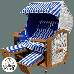 6001 Strandkorb Prieß Modell Meister, Foto zeigt Iroko Holz, PE Geflecht weiss, Größe wählbar, Stoffdessin wie abgebildet - Strandkorb Fachhandel Prieß