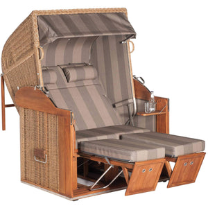 Strandkorb Classic Teak 2-Sitzer kaufen - luxuriöser Strandkorb mit komfortablem Design und hochwertigem Rundgeflecht.