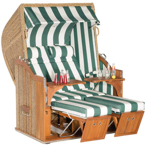 Strandkorb 2-Sitzer Classic Teak mit grün-weißen Streifen und klappbarem Dach für Luxus und Komfort.