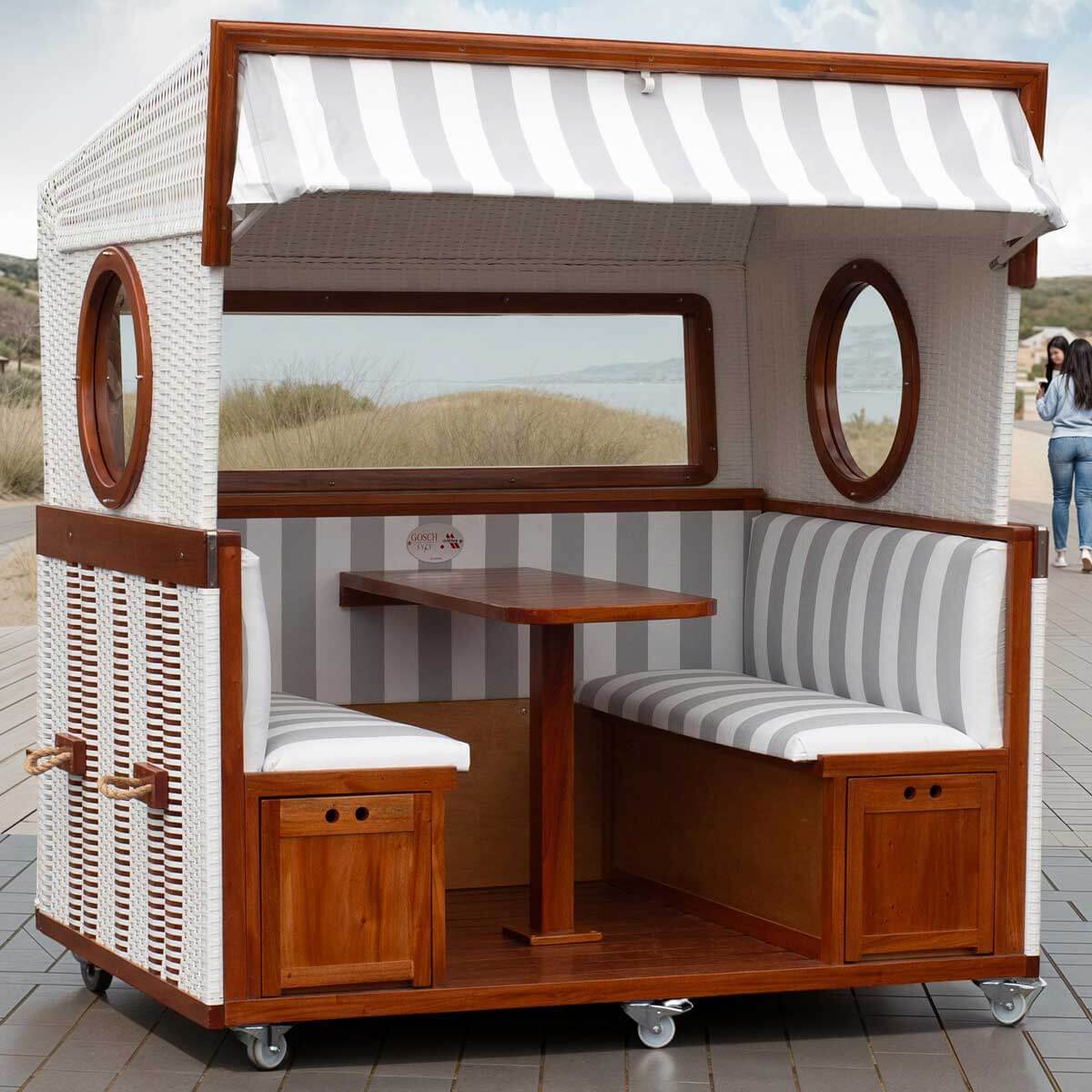 Gosch Lounge Dessin grau weiss 989 - Strandkorb 6-Sitzer Geflecht weiss, Mahagoni