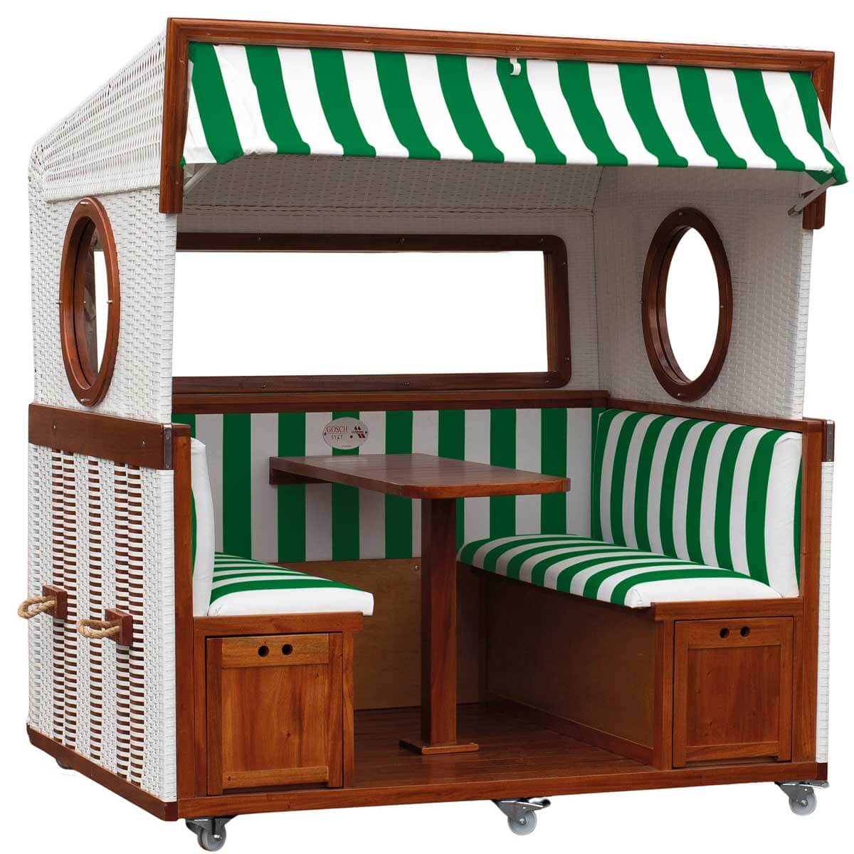 Gosch Lounge Dessin grün weiss 993 - Strandkorb 6-Sitzer Geflecht weiss, Mahagoni