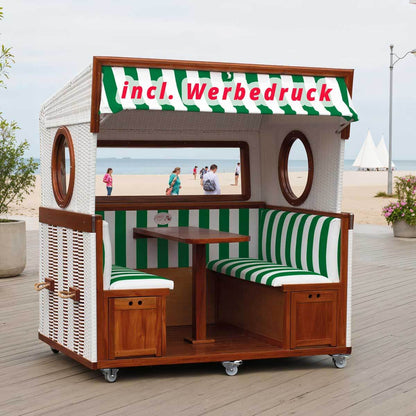 Gosch Lounge mit Ihrem Werbeaufdruck - Strandkorb 6-Sitzer Geflecht weiss, Mahagoni, Dessin in 4 Kunststofffolie