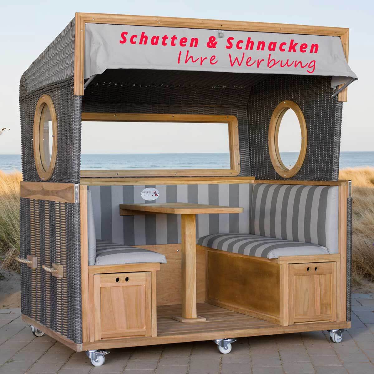 Gosch Lounge mit Ihrem Werbeaufdruck - Strandkorb 6-Sitzer Geflecht grey Dessin 981, Teak