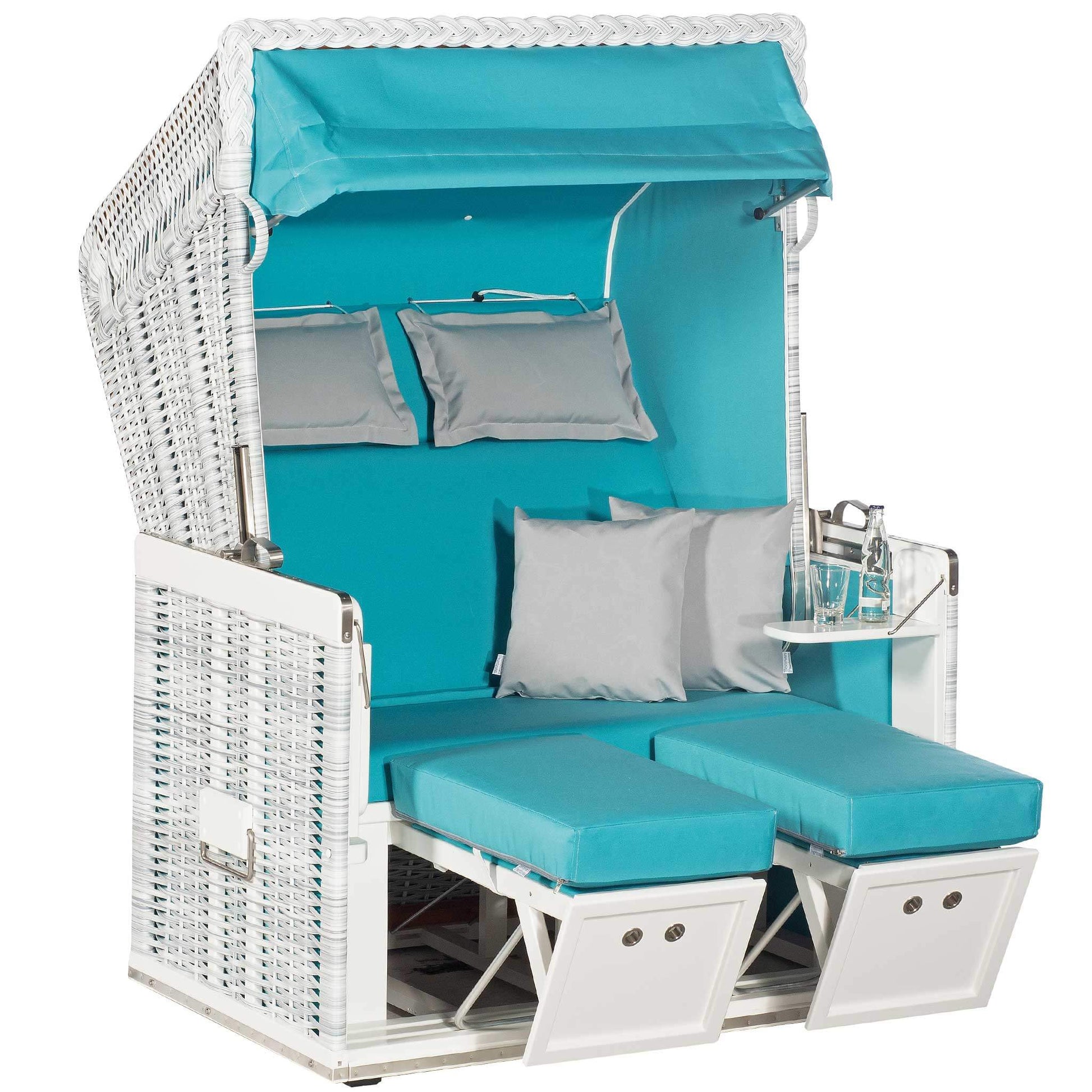 Strandkorb Konsul 2-Sitzer white-washed mit türkisfarbenem Polster und verstellbaren Rückenlehnen